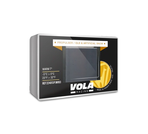 Emballage du bloc Vola Racing Jaune Molybden avec indication de la température et fenêtre de visualisation du fart.