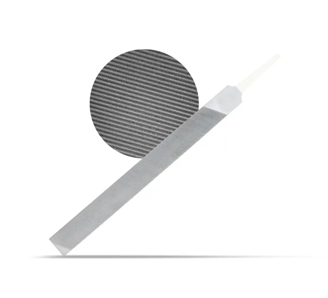 Graue 200mm Feile mit Griff und Detailaufnahme der Double Cut Oberfläche.