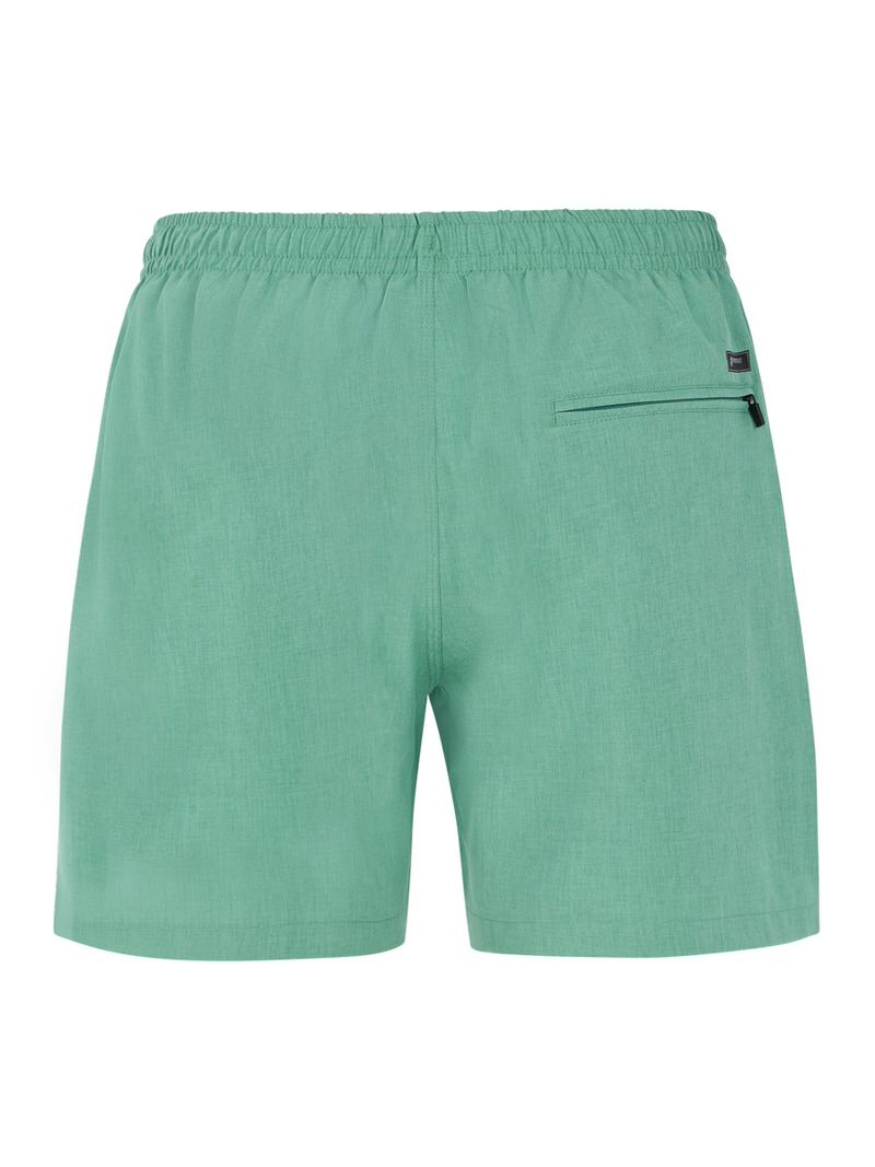 Grüne Protest Davey Badeshorts, Rückansicht, mit elastischem Bund, Reißverschlusstasche und kleinem Logo.
