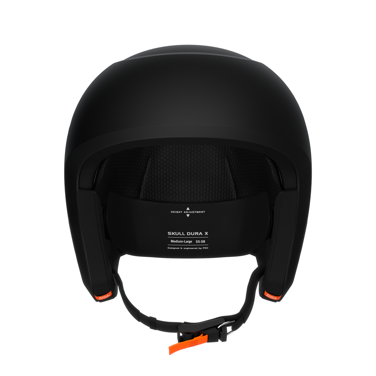 Frontale Ansicht des schwarzen Skull Dura X Mips Skihelms mit offenem Kinnriemen und Innenpolsterung.