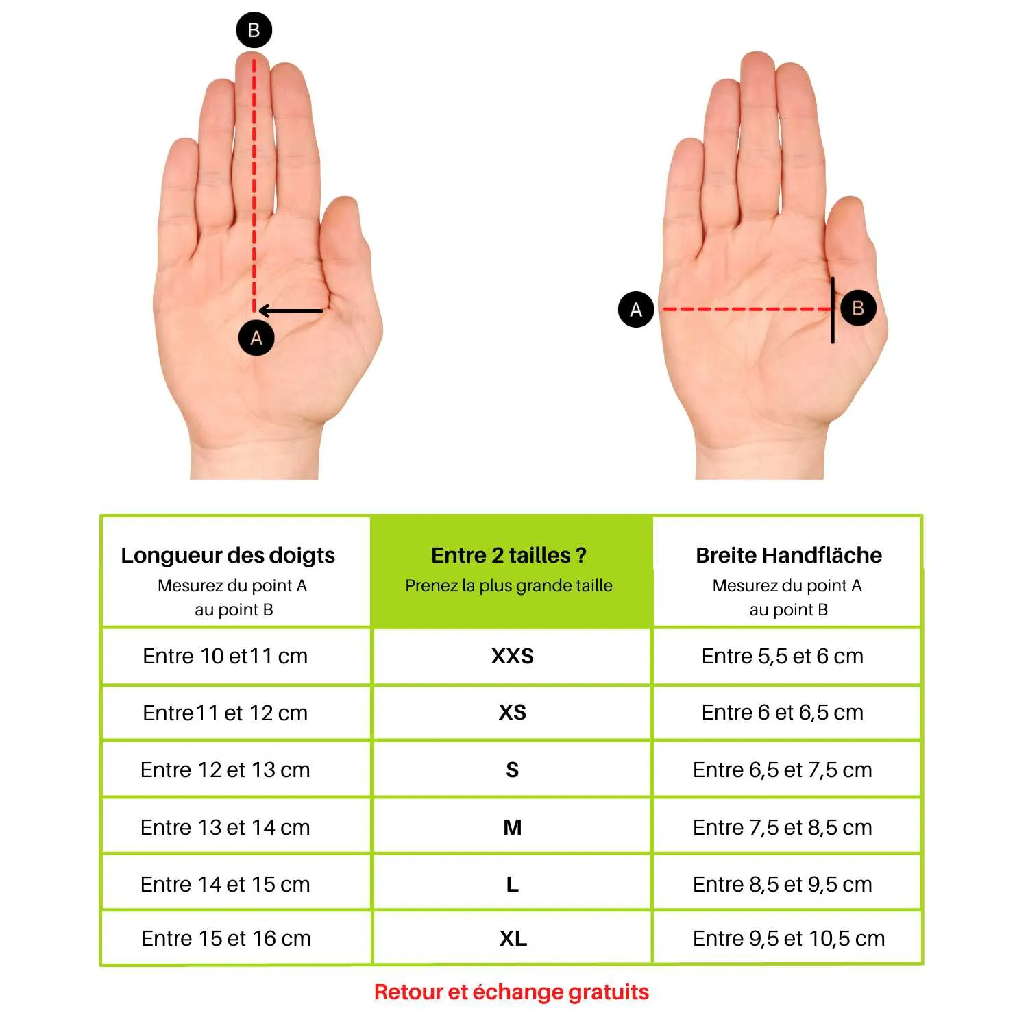 Size chart for heated undergloves: palm and finger length measuring guide.