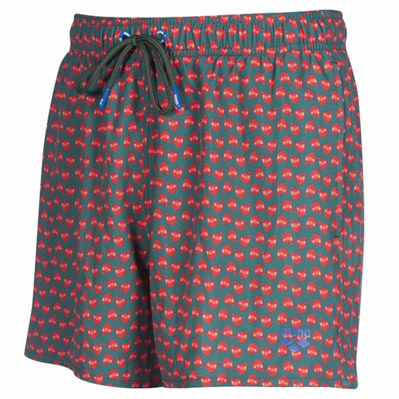 Badeshorts Jimbaran Short Wood Green Red mit rotem Muster und grünem Kordelzug.
