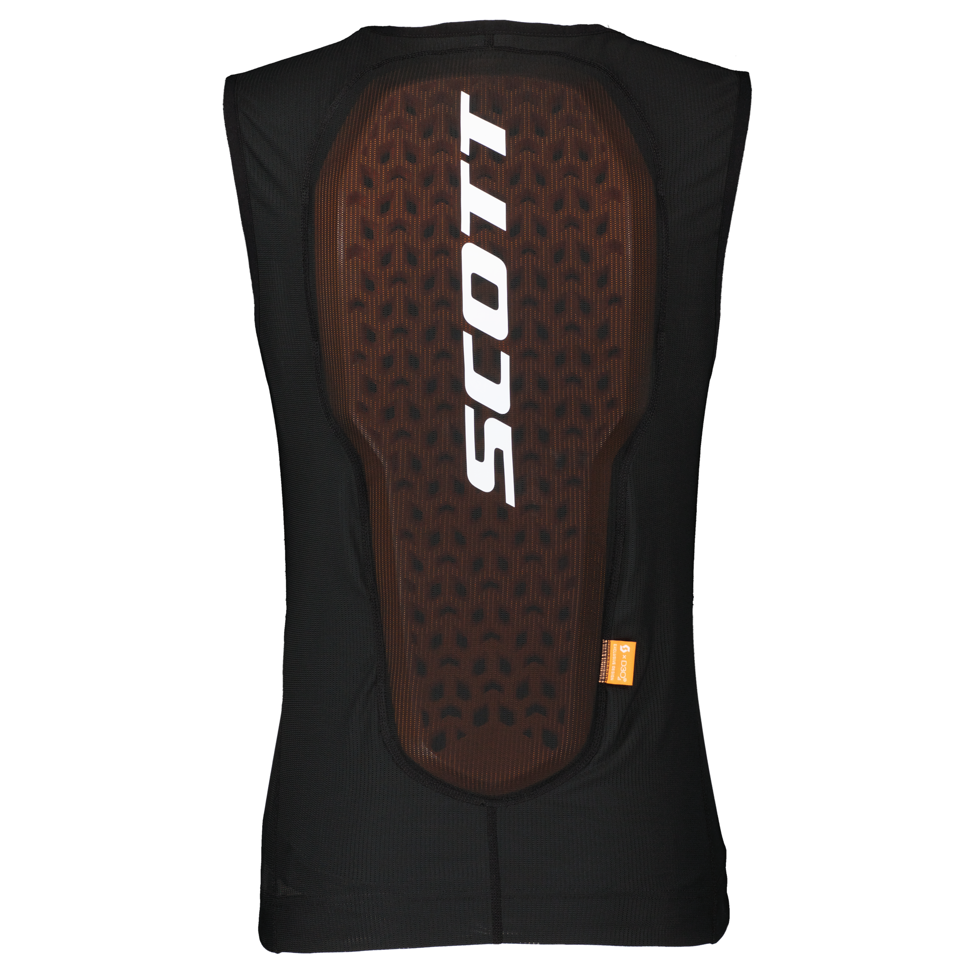 Gilet protettivo Scott Airflow Vista posteriore del gilet protettivo Scott Airflow nero da uomo, con piastra di protezione D3O ventilata e marrone e logo Scott bianco.