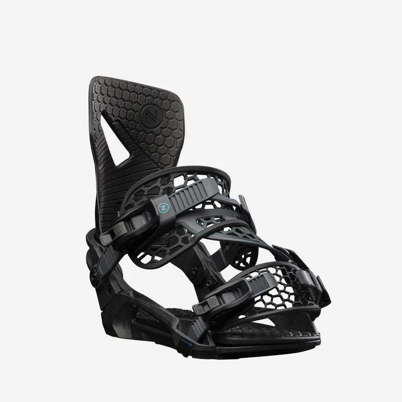 Black Nidecker Kaon-CX snowboard binding in detail, with straps and high back.