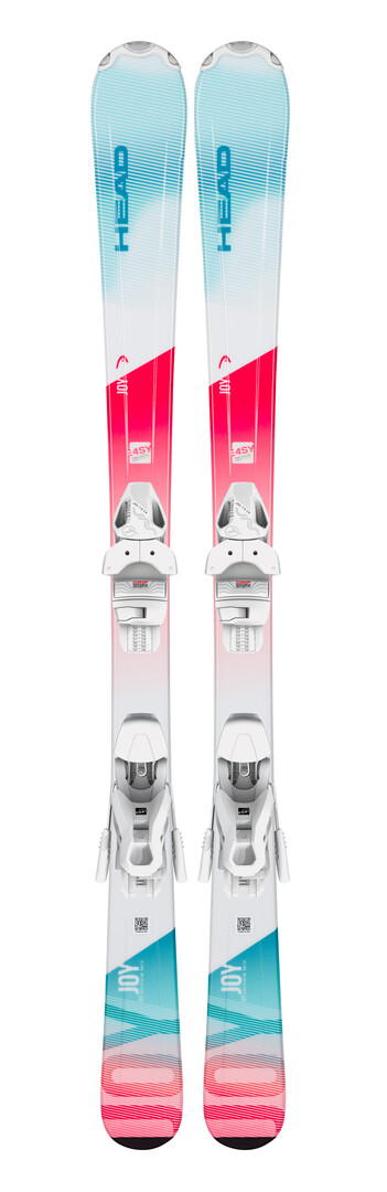 Zwei Head Joy Easy JRS Ski mit montierter Bindung, von vorne abgebildet. Das Design ist hellblau, weiß und pink.
