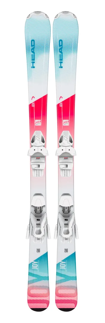 Zwei Head Joy Easy JRS Ski mit montierter Bindung, von vorne abgebildet. Das Design ist hellblau, weiß und pink.