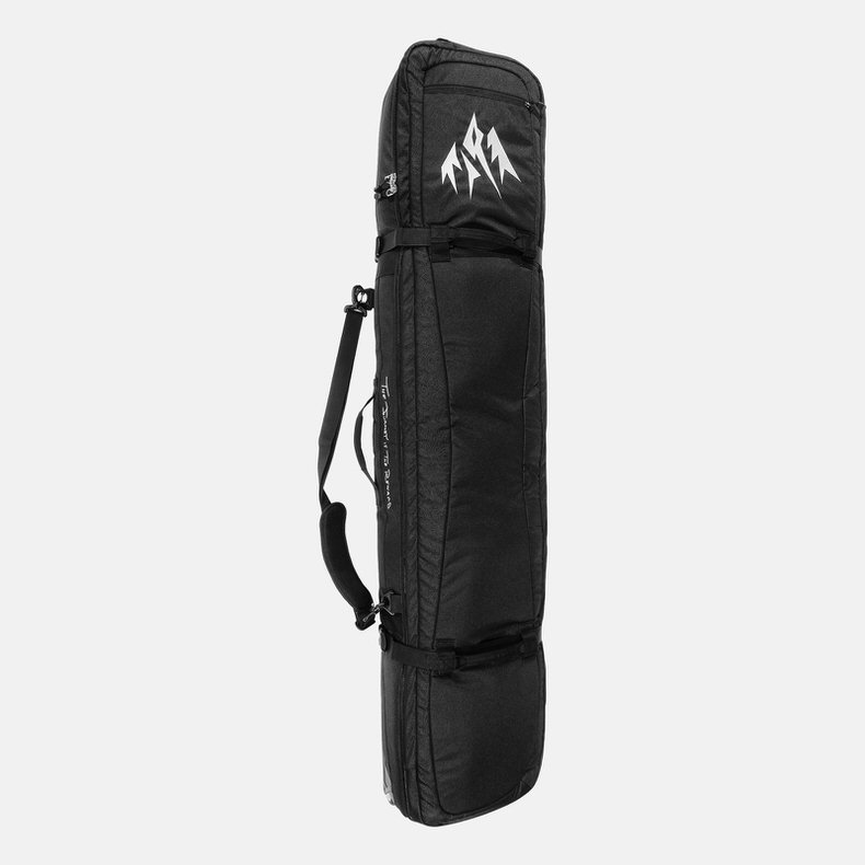 Schwarze Jones Board Bag Expedition mit Tragegurt, weißem Logo und Reißverschlüssen für Snowboards.