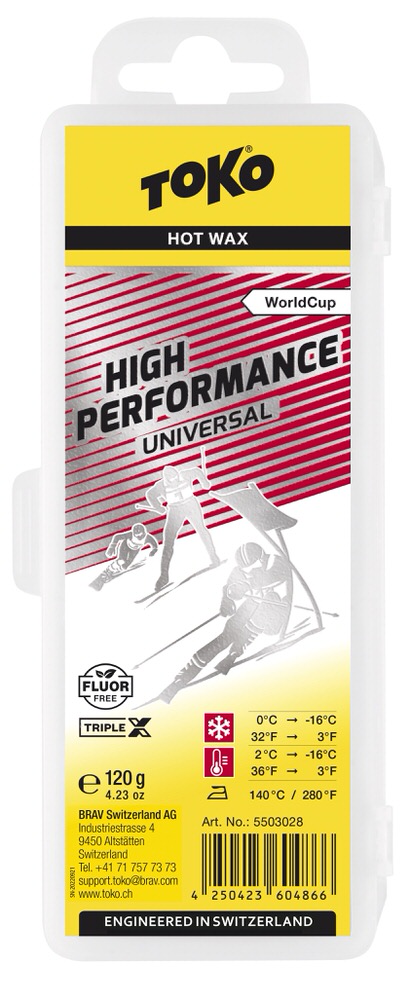 Verpackung Toko High Performance Universal Wachs mit Skifahrer-Illustration und Temperaturangaben.