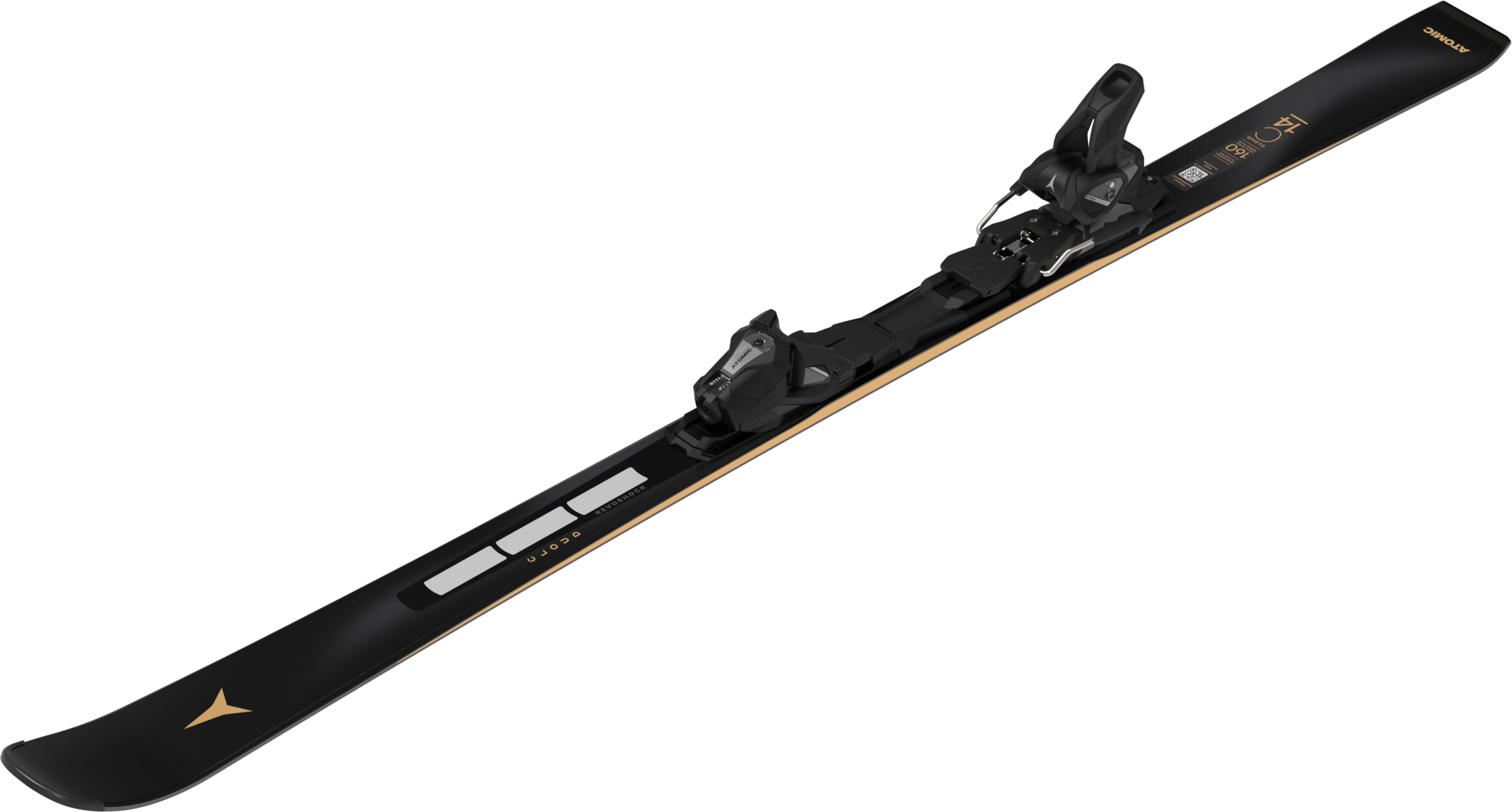 Schwarzer Ski mit goldener Schrift und einer schwarzen Bindung. Der Ski ist von Atomic und hat die Aufschrift "Cloud 14".