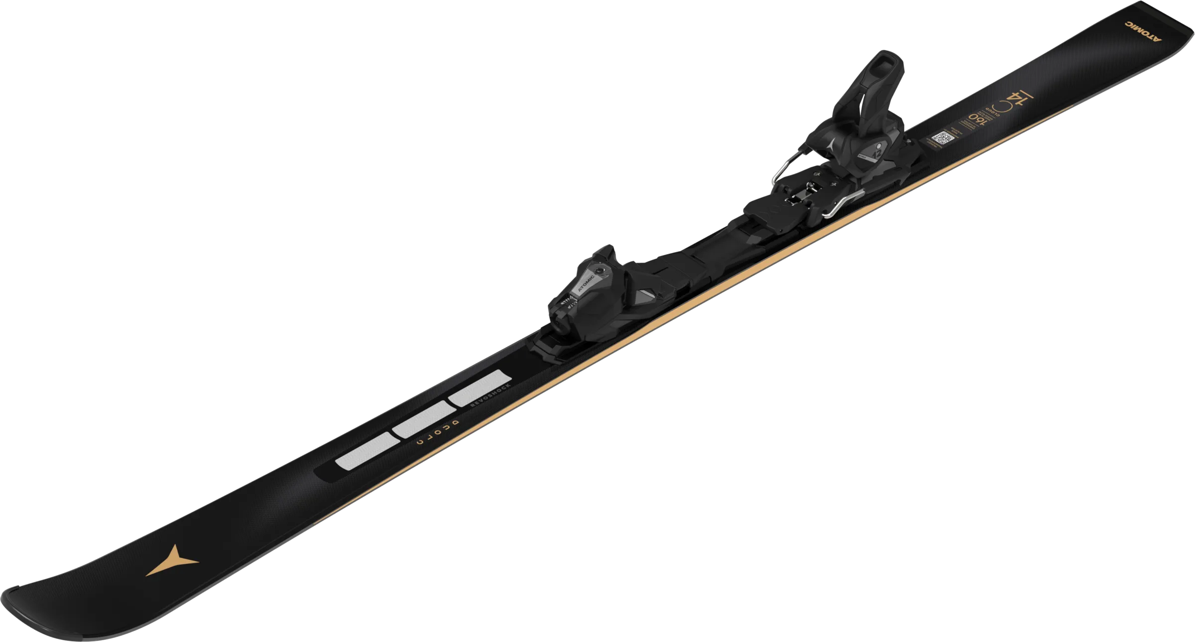 Black ski with gold lettering and a black binding. The ski is from Atomic and has the inscription "Cloud 14".