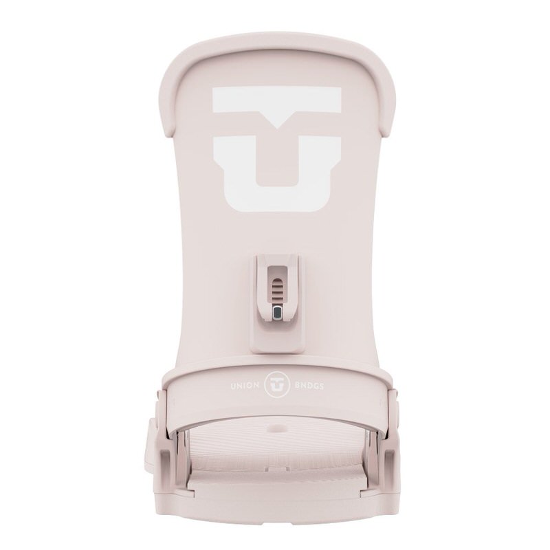 Detailed view: Soft Pink Union Trilogy snowboard binding, front view with logo on the highback.