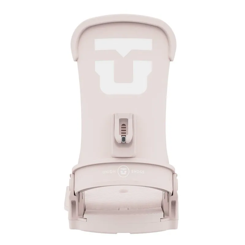 Detailed view: Soft Pink Union Trilogy snowboard binding, front view with logo on the highback.
