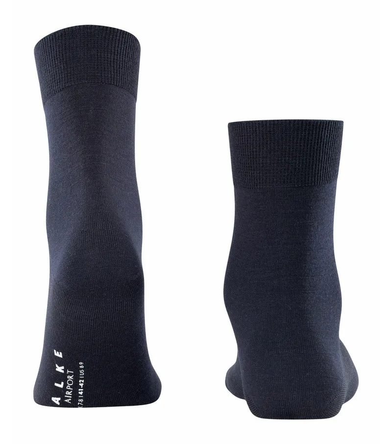 Two dark blue Airport men's socks, one standing upright, the other from behind.