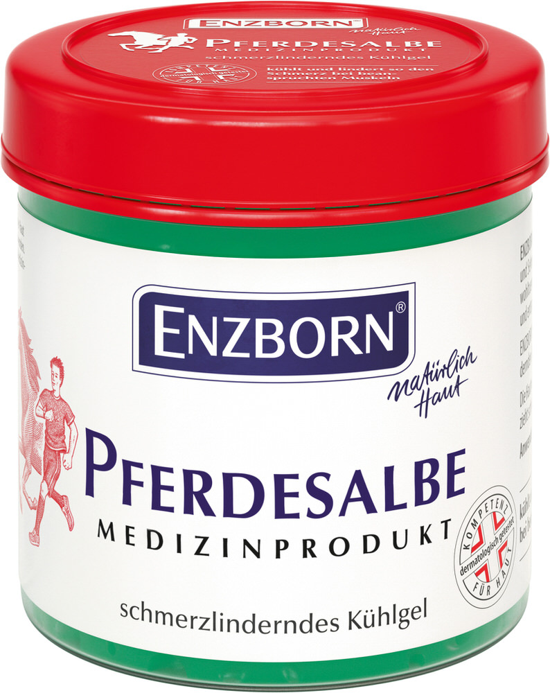 Dose ENZBORN Pferdesalbe Medizinprodukt mit rotem Deckel, Aufdruck mit Pferd und Mann, schmerzlinderndes Kühlgel.