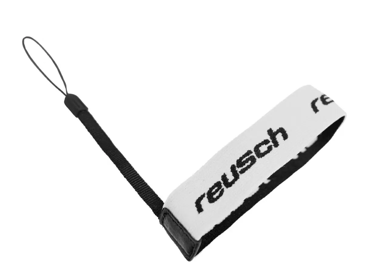 Cinturino per guanti Reusch bianco con logo nero e cinturino da polso nero.