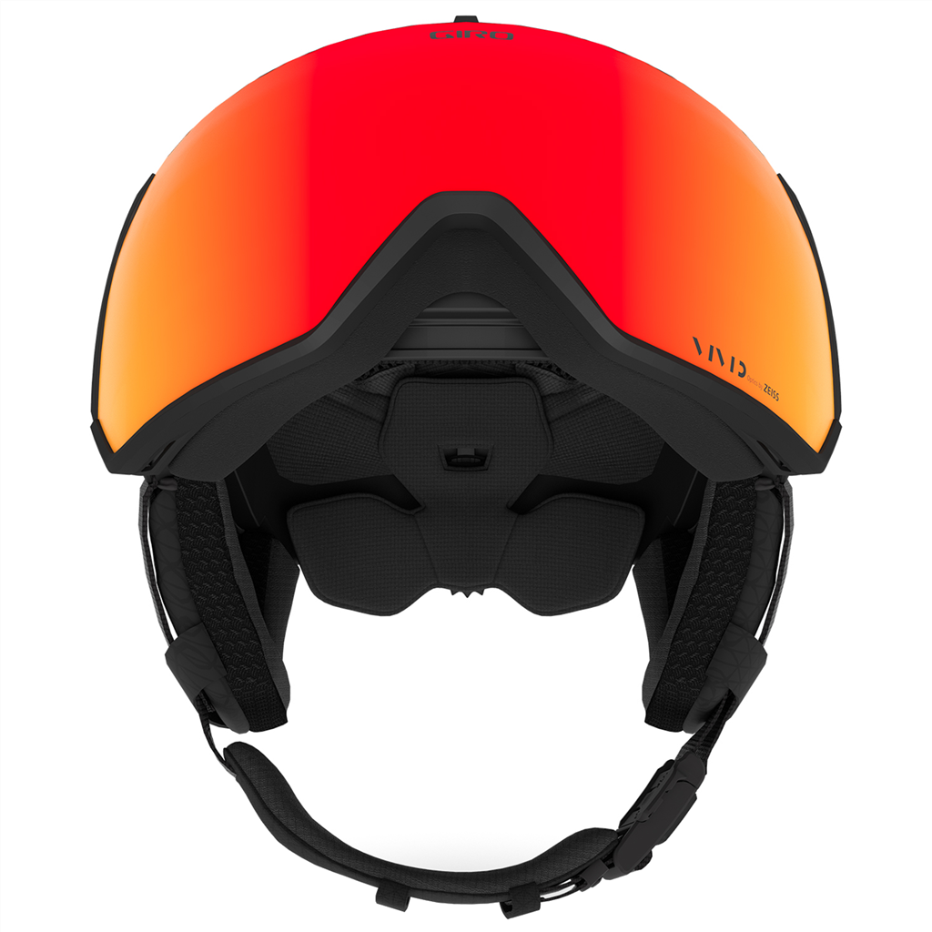 Skihelm Giro Orbit Mips Spherical Vivid von vorn. Rotes Visier und schwarze Ohrenpolster sichtbar.