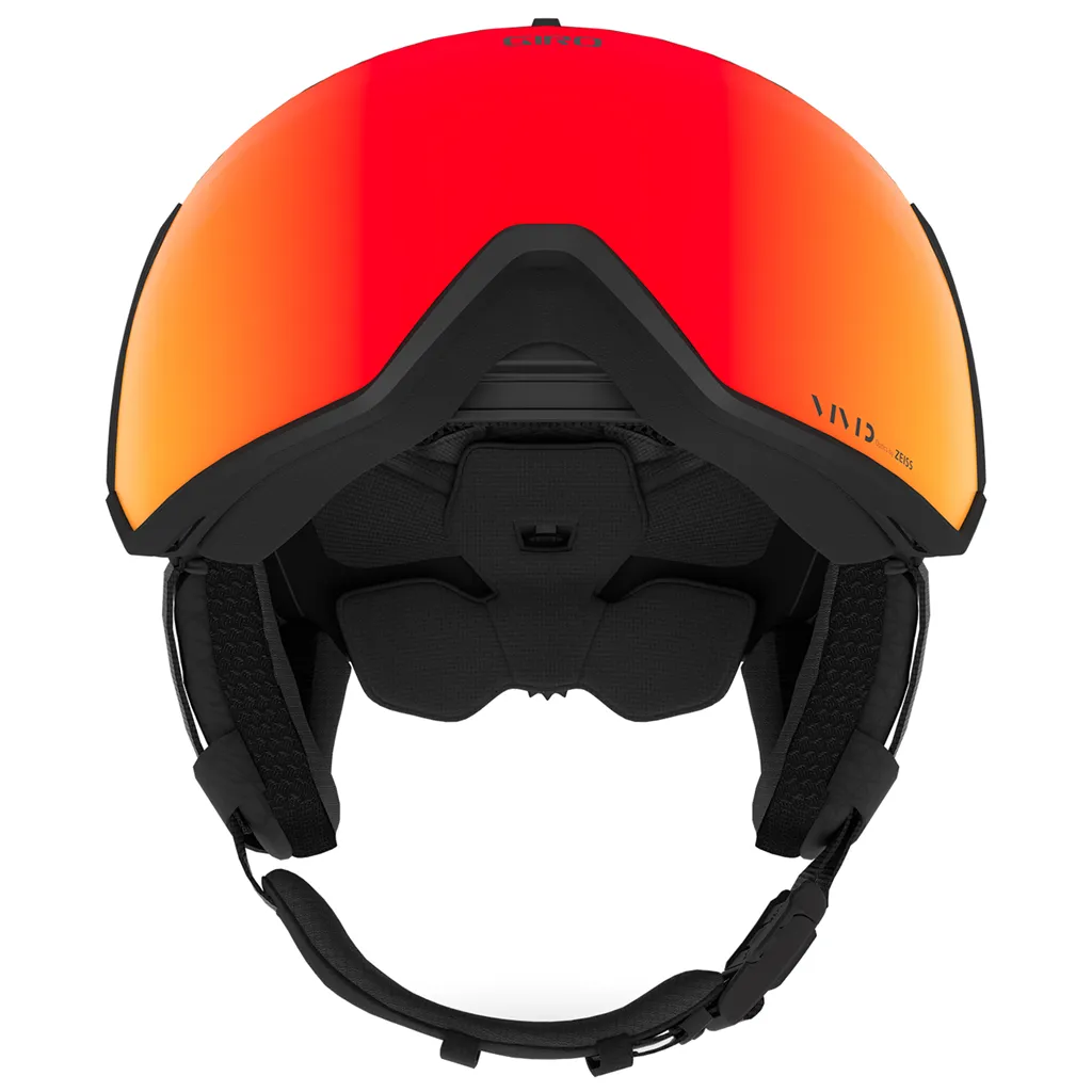 Skihelm Giro Orbit Mips Spherical Vivid von vorn. Rotes Visier und schwarze Ohrenpolster sichtbar.