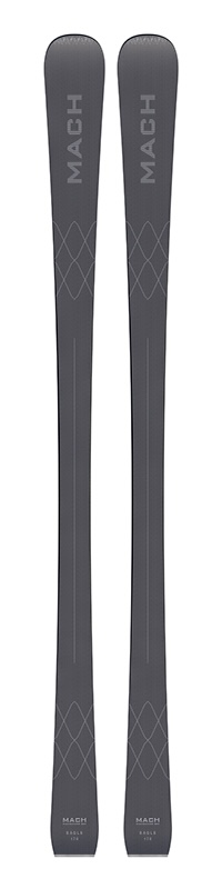 Draufsicht auf ein Paar graue Mach Eagle Ski, beschriftet mit "MACH" und einem Rautenmuster.