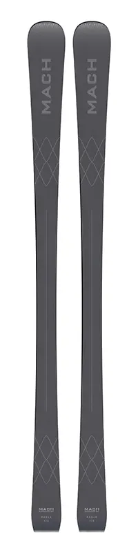 Top view of a pair of gray Mach Eagle skis, labeled with "MACH" and a diamond pattern.