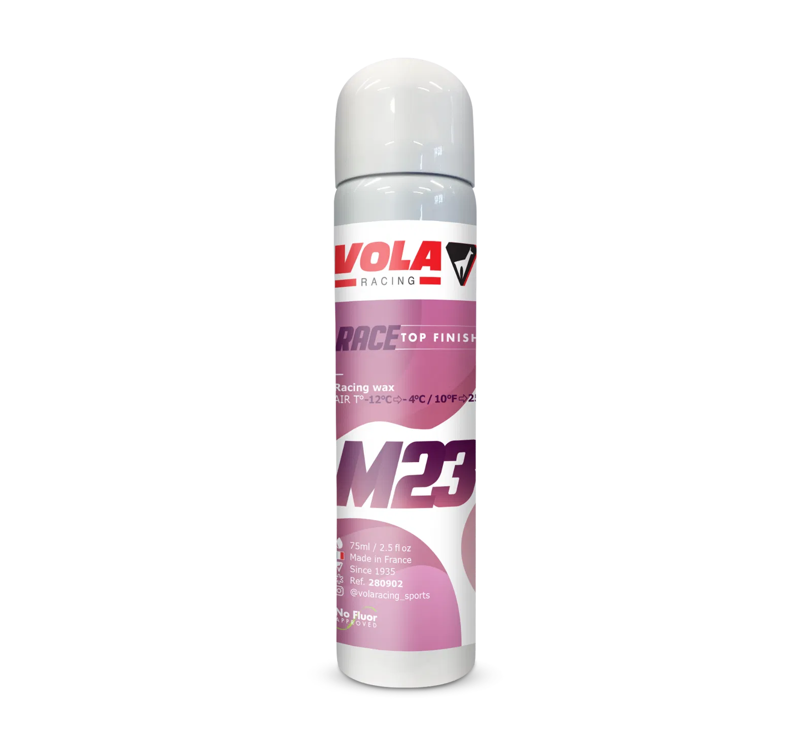 Bombe aérosol grise Vola M23-Race Top Finish Violet avec couvercle blanc. L'étiquette est violette et blanche.
