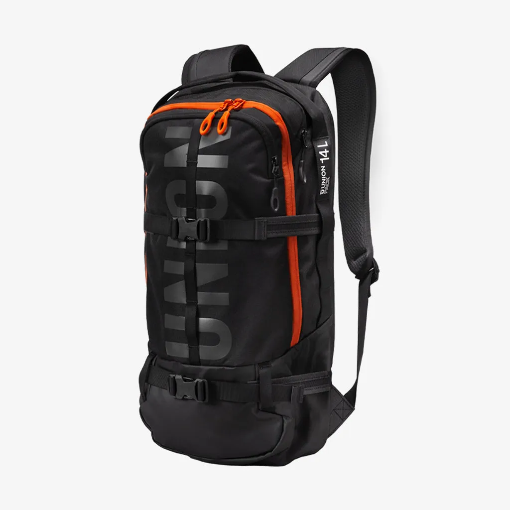 Black Union Resort Pack 14L backpack with orange details and adjustable straps.