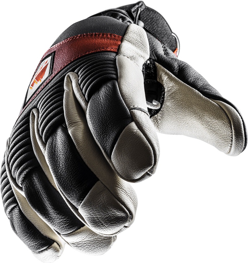 Leki Patrol 3D Ski-Handschuh in Weiß und Maroon, Leder, Handfläche zeigt nach vorne, Detailaufnahme.