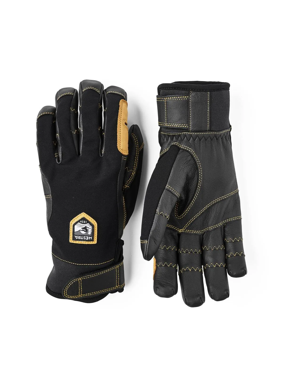 Zwei Outdoor-Handschuhe Hestra Ergo Grip Active, einer mit Handfläche aus Leder, der andere mit Hestra-Logo auf dem Handrücken.