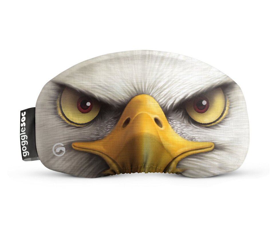 Gogglesoc Freedom: Brillenüberzug mit Adler-Gesicht, gelbem Schnabel und stechenden Augen.
