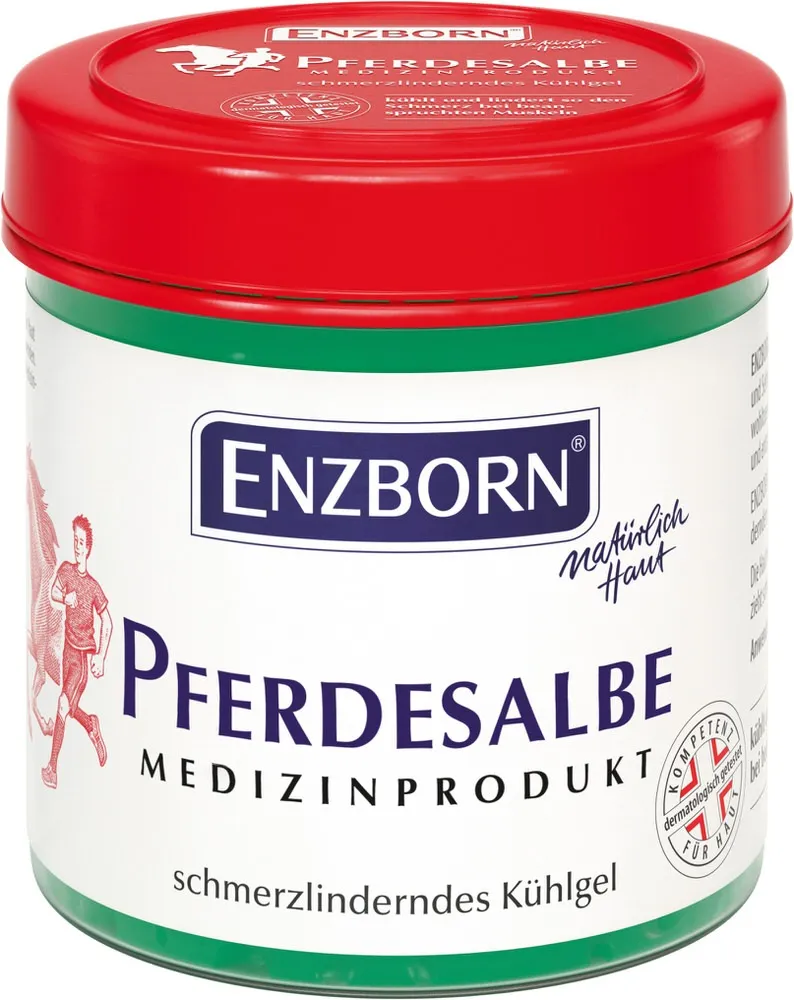 Dose ENZBORN Pferdesalbe Medizinprodukt mit rotem Deckel, Aufdruck mit Pferd und Mann, schmerzlinderndes Kühlgel.