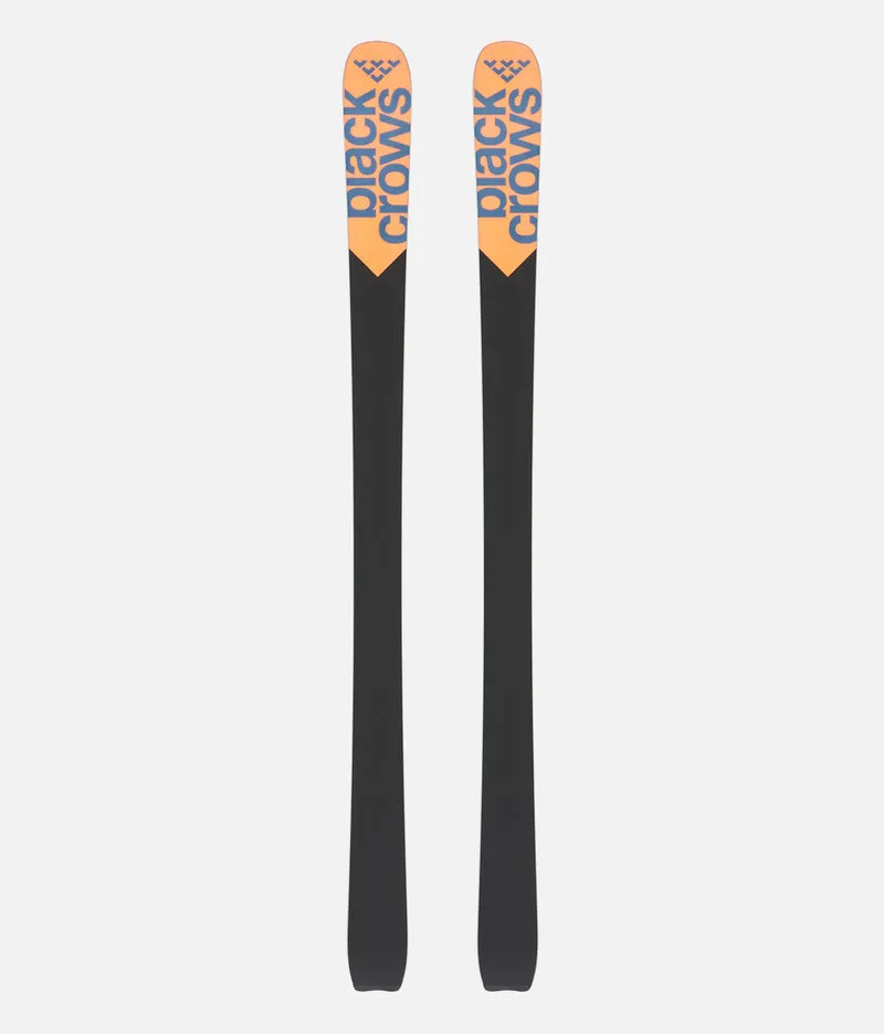 Two Black Crows Serpo skis, seen from above, with logo and color accents on a light grey background.