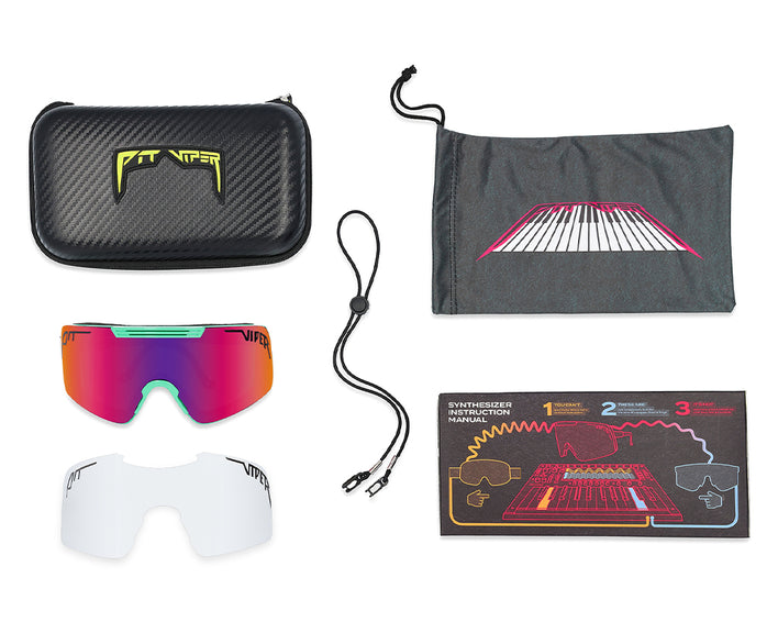 Sonnenbrille "Synthesizer" Zubehör: Brille, Etui, Bonuslinse, Halteband, Beutel mit Keyboard-Motiv und Anleitung.