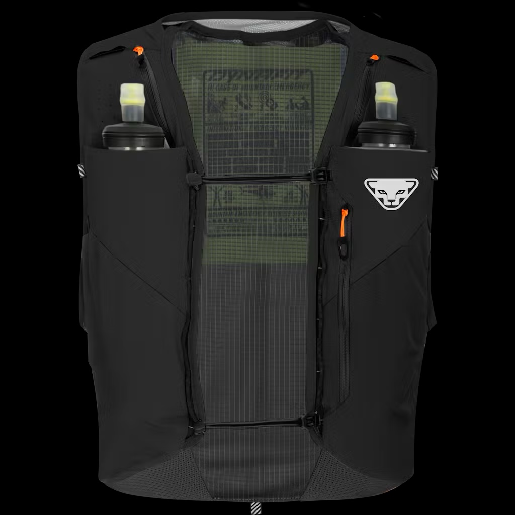 Schwarze Laufweste mit zwei Trinkflaschen vorne und Mesh-Einsatz in der Mitte. Ein weißes Logo ist auf der rechten Seite zu sehen.