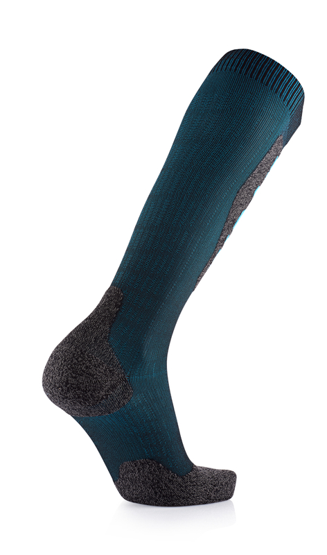 Calzino lungo al ginocchio color petrolio con rinforzi grigi sul tallone e sulle dita, su sfondo bianco.