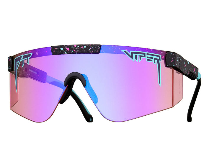"The Afterparty 2000" sunglasses with pink lenses, paint splatter pattern and blue nose pad.