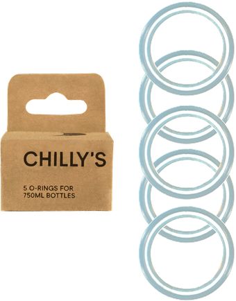 5 Chillys 750ml Ersatz O-Ringe mit brauner Verpackung, darauf steht "Chilly's" und "5 O-Rings for 750ml bottles"