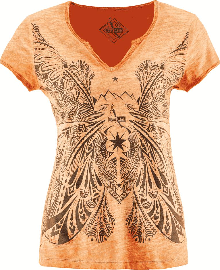 Mandarin-farbenes Damen-T-Shirt mit großem, schwarzem Print aus Bergen, Sternen und Mustern.