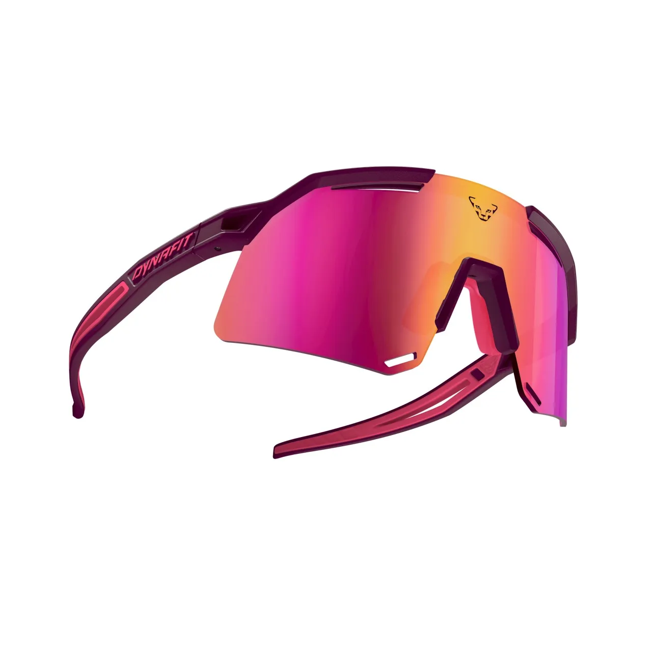 Burgundy-colored Dynafit Ultra Evo sports goggles with red-orange lenses and the Dynafit logo on the lens.