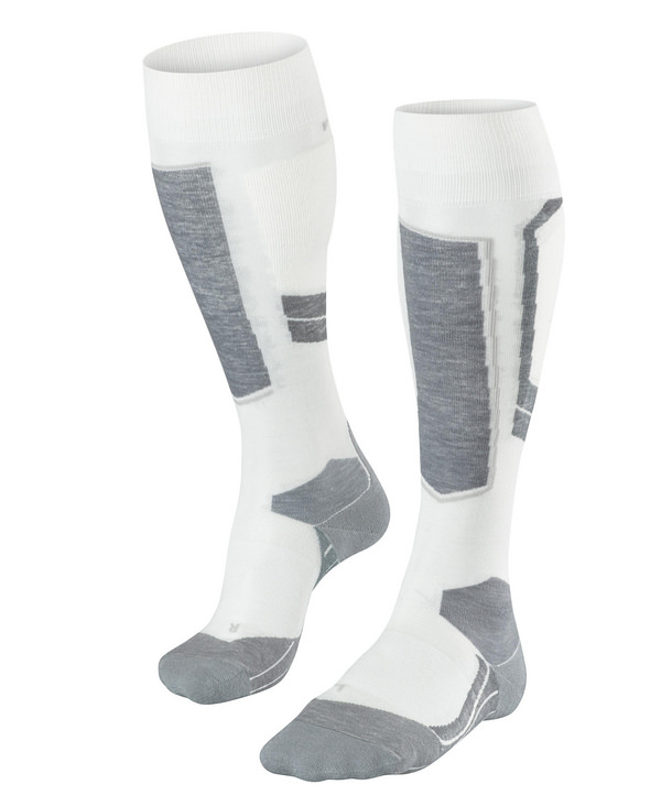 Zwei Off-White Falke SK4 Wool Damen Skiing Kniestrümpfe, mit grauen Verstärkungen an Schienbein, Fuß und Zehen.
