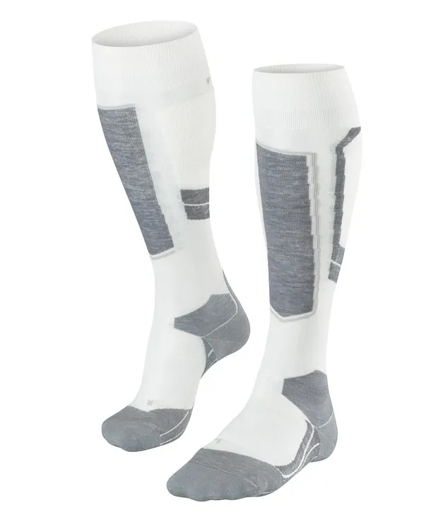 Zwei Off-White Falke SK4 Wool Damen Skiing Kniestrümpfe, mit grauen Verstärkungen an Schienbein, Fuß und Zehen.