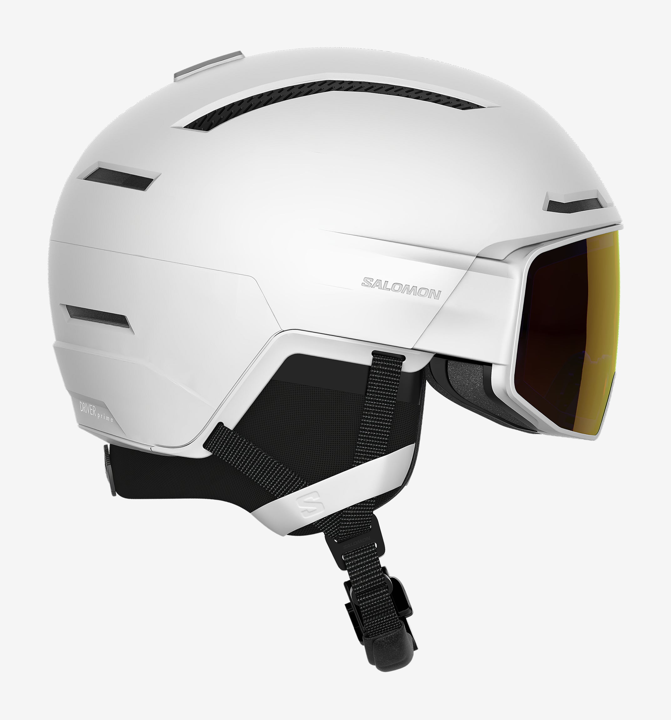 Weißer Skihelm "Driver Prime Sigma Photo Mips" mit integriertem Visier in Goldoptik.
