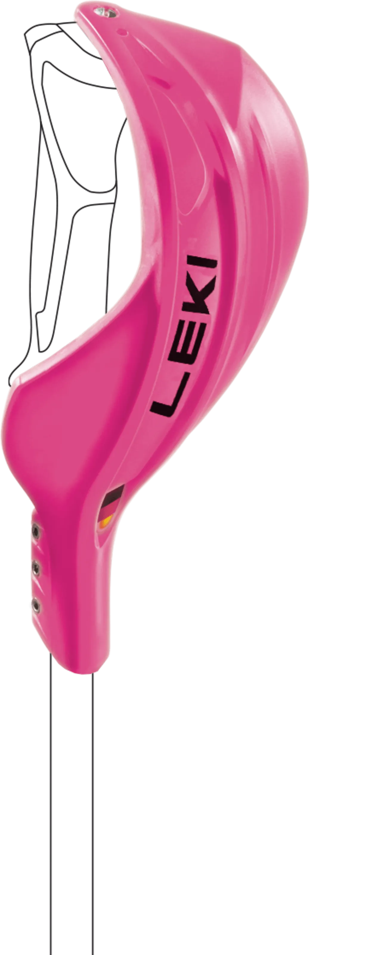 Nahaufnahme vom pinken Leki Schlagschutz Bügel mit schwarzem Logo und Montagedetails.