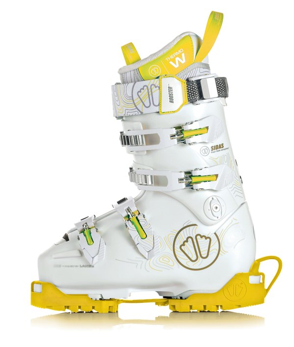 Weißer Skischuh mit gelber Traktion, seitliche Ansicht. Die Antirutschsohle für Skischuhe ist gelb.