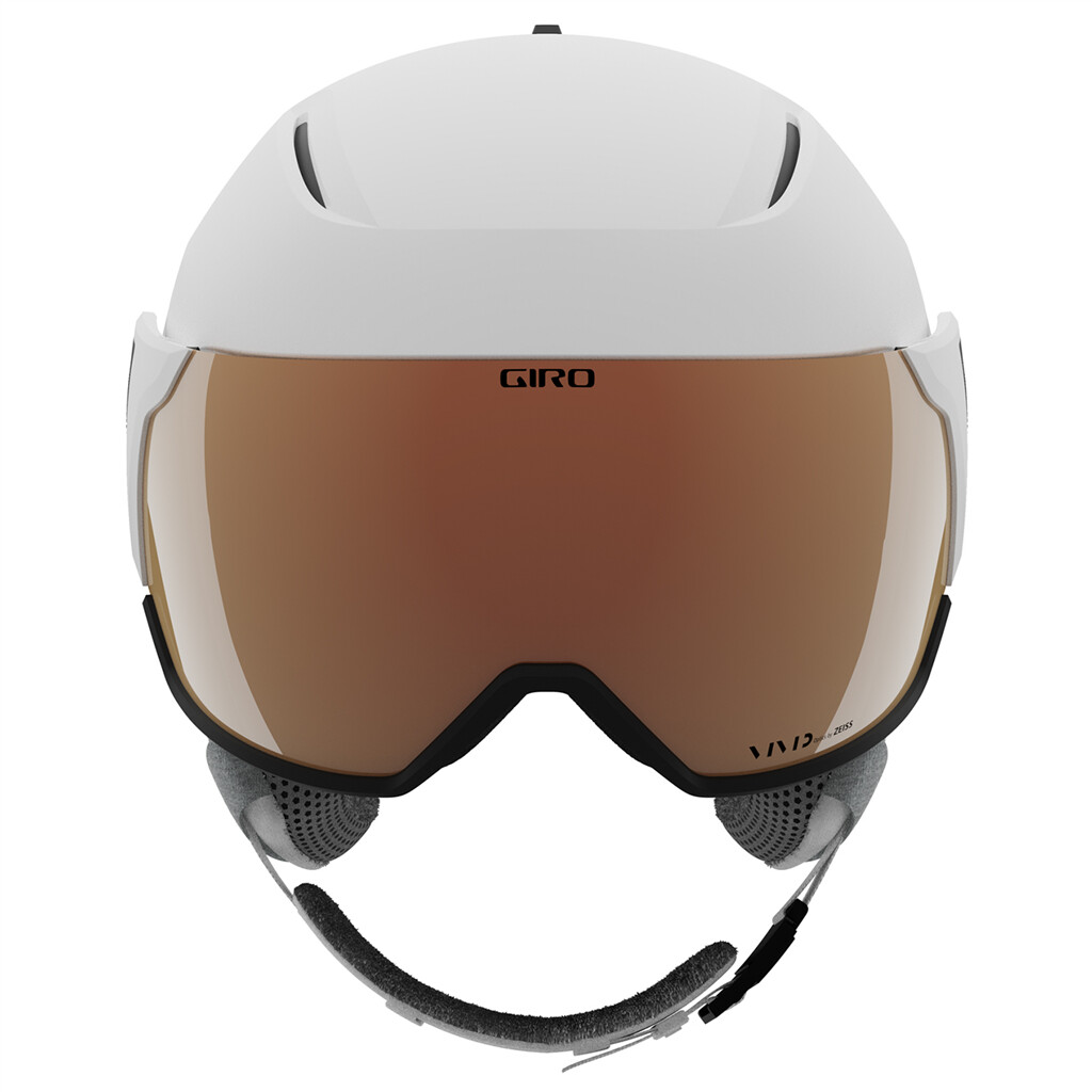 Detailansicht: Matter, weißer Skihelm mit braunem Vivid Visier und schwarzem Rahmen. "Giro"-Logo sichtbar.