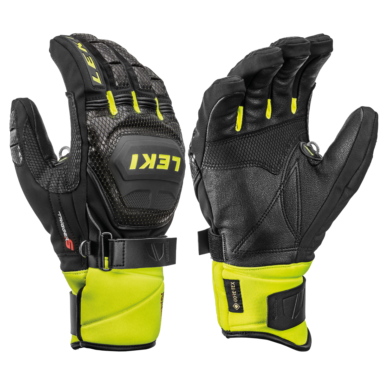 Zwei schwarze Leki Worldcup Race Coach Flex S GTX Handschuhe mit gelben Akzenten, Handflächen nach vorne.