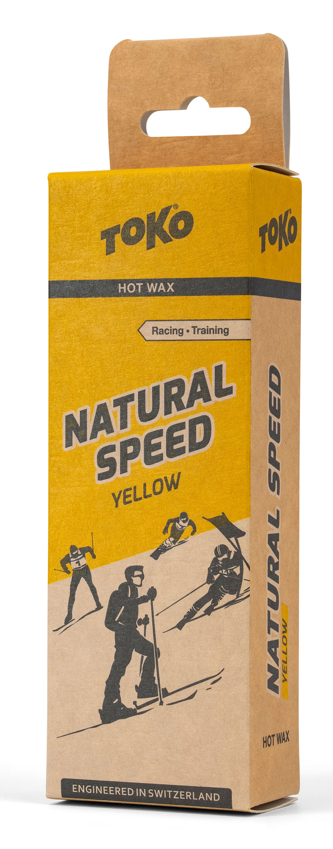 Gelbe Verpackung Toko Natural Speed Hot Wax mit Skifahrer-Illustrationen.