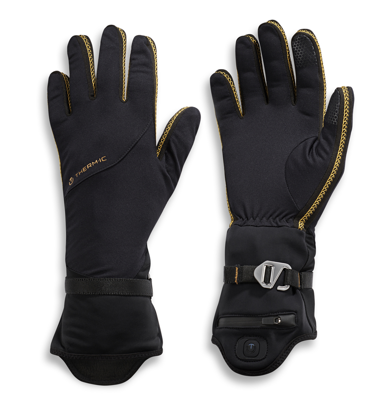 Gants intérieurs noirs Therm-ic Thin Ultra Heat Liner, paume vers le haut, avec manchettes et fermeture à lanière argentée.