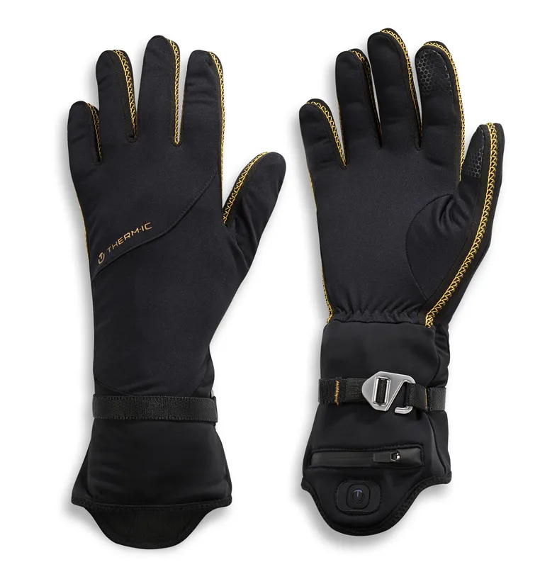 Schwarze Therm-ic Thin Ultra Heat Liner Innenhandschuhe, Handflächen nach oben, mit Manschetten und silbernem Riemenverschluss.
