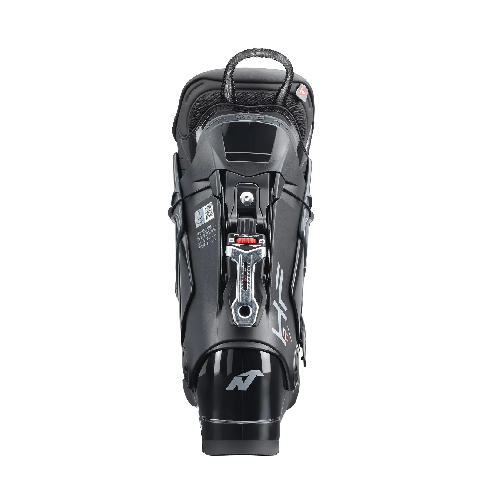 Chaussure de ski noire Nordica HF 110 GW vue de derrière, focus sur le système de fermeture et la zone du talon.