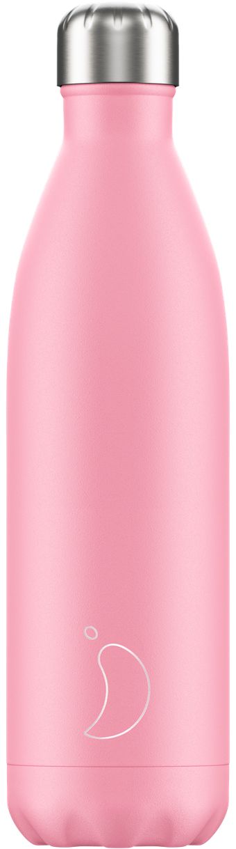 Une gourde rose Chillys de 750 ml avec un bouchon et un logo argentés sur un fond blanc pur.