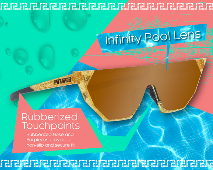 Lunettes de soleil en pyrite dorée avec verres bruns et mention "Infinity Pool Lens", fond de piscine.